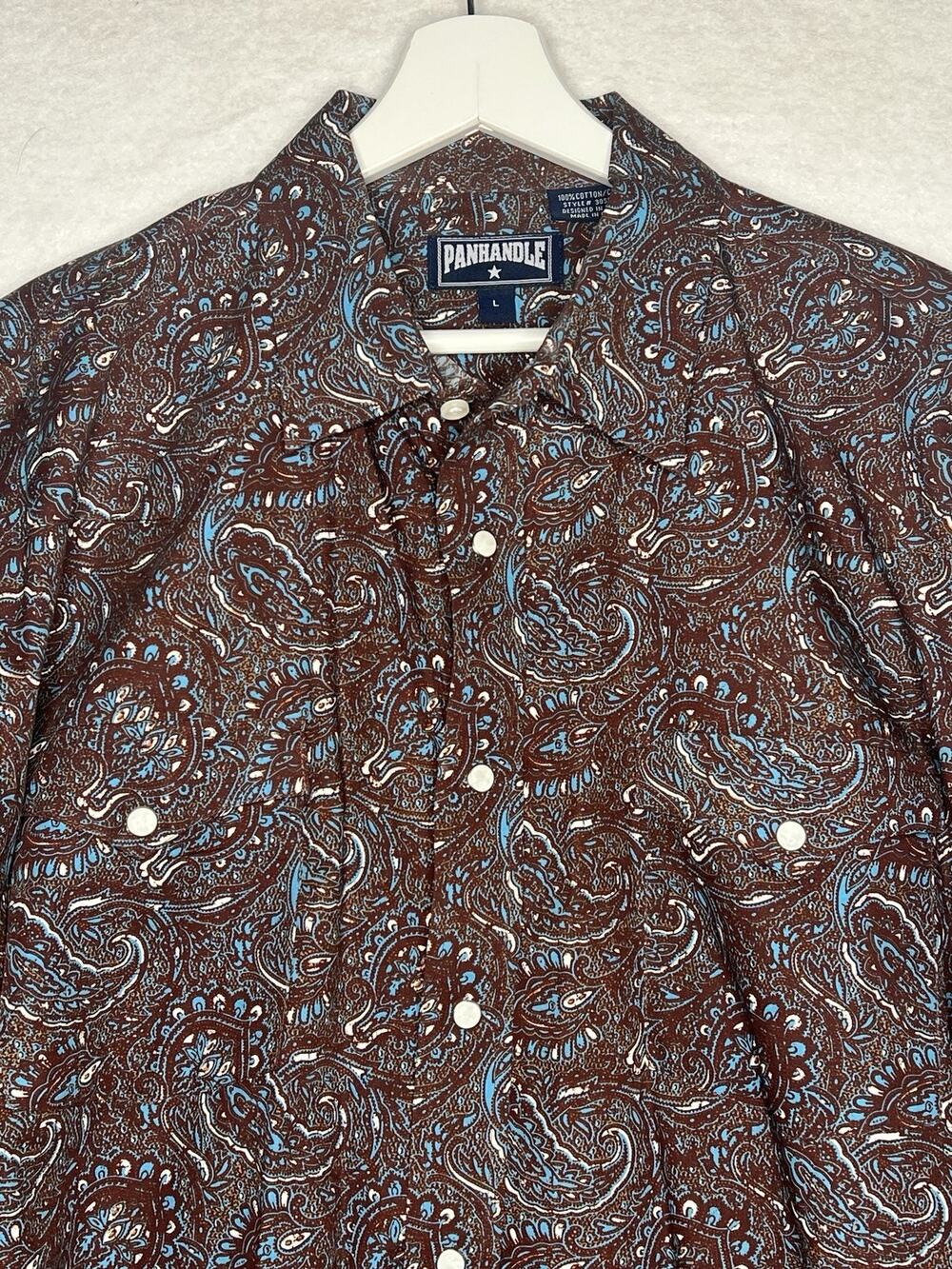 Panhandle Classic Western Shirt L Long Sleeve Brown Paisley Blue Pearl Snap